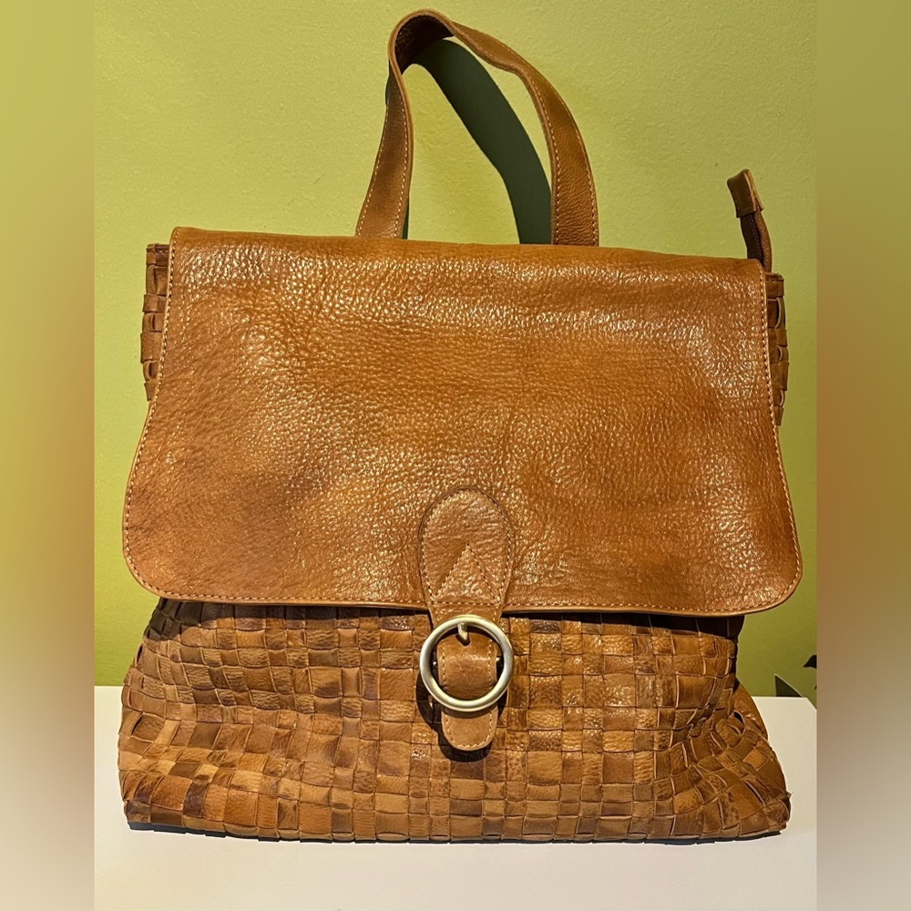 American Darling Classic Woven Leather Shoulder Backpack Bag Purse in Tan Brown